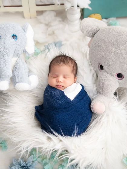 A newborn is swaddled in dark blue and surrounded by fluffy grey elephant toys on a white fur rug. This is a sweet and classic theme, using soft textures and comforting toys to create a gentle scene.