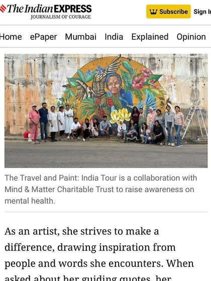 The image from the Indian Express article showing our team in front of the finished mural, a collaboration with Mind & Matter Charitable Trust.