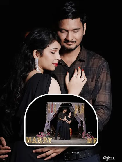 A collage showing an intimate embrace and a proposal scene with 'MARRY ME' lights, capturing the magic of the moment.