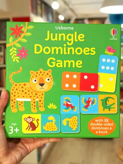The Usborne 'Jungle Dominoes' game is a colorful and fun way to teach matching and counting, complete with 28 double-sided dominoes.