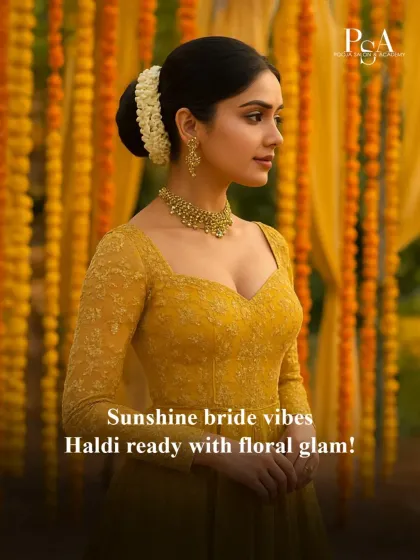 For a Haldi ceremony, a simple and elegant gajra bun is a beautiful choice. It keeps the hair neatly away from the face while adding a touch of traditional grace that complements the yellow attire.