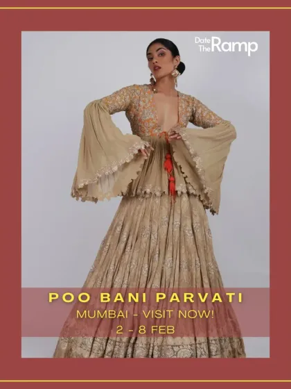 This outfit from our 'Poo Bani Parvati' showcase is a modern take on a classic lehenga. It features a beige printed skirt paired with a unique blouse with dramatic bell sleeves, perfect for making a fashion-forward statement.