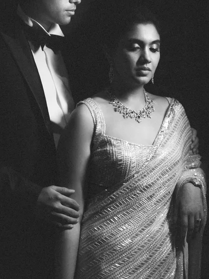 A timeless black and white portrait of the couple, exuding elegance and romance. This classic shot was taken during their London wedding celebrations.