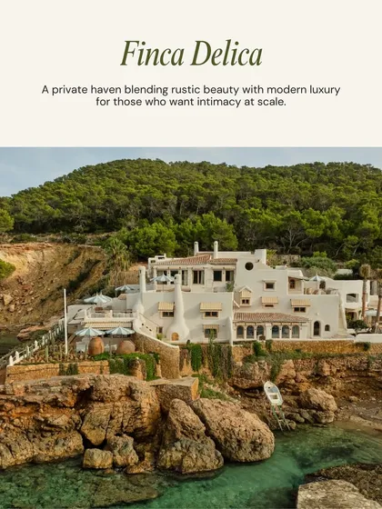 A top Ibiza venue: Finca Delica. A private haven blending rustic beauty with modern luxury, perfect for those who want intimacy at scale.