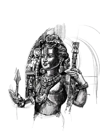 A more complete sketch of Ram Lalla, showing the detailed work on the archway behind him. This stage is crucial for establishing the full composition of the piece.
