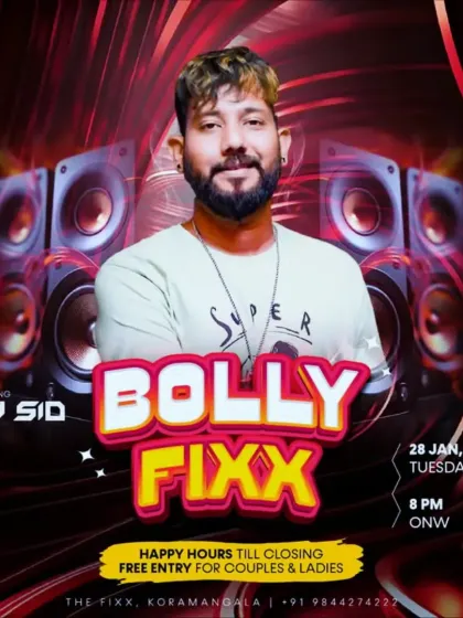 A poster for a 'Bolly Fixx' night, promising non-stop music and good vibes for all the Bollywood lovers.