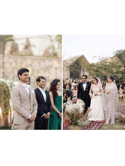A diptych showing the groom's reaction as he sees his bride walking down the aisle for the first time. Capturing both perspectives tells a more complete and emotional story of this pivotal moment.