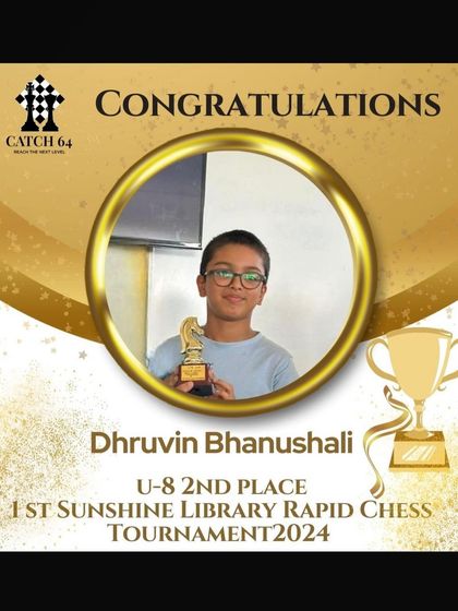 Congratulations to Dhruvin Bhanushali on his 2nd place finish in the U-8 category at the 1st Sunshine Library Rapid Chess Tournament. A wonderful achievement for a young player.
