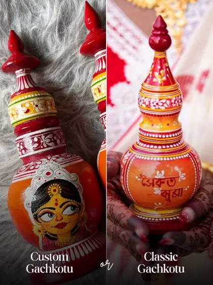 Custom or Classic? This image shows a side-by-side comparison of a gachkouto with a custom Durga Maa painting versus a classic, traditionally painted one. Which style fits your vibe?