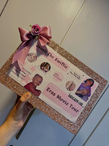 A close up of the custom 'Javali The Swiftie' glitter frame I made for a birthday hamper. It's all about those personalized details that true fans appreciate.