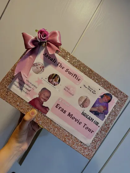 A close up of the custom 'Javali The Swiftie' glitter frame I made for a birthday hamper. It's all about those personalized details that true fans appreciate.