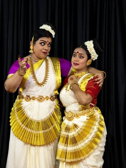 An interactive moment between two dancers in our "Ashtapadi" trio performance.