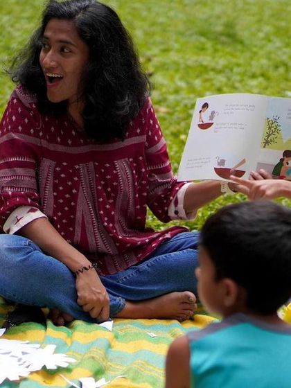 Close-up shots of me reading with genuine joy and expression. My passion is to make every story a memorable adventure for the children.