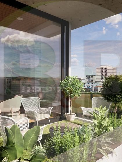 A 3D visualization from the outside looking in. This render shows the patio with comfortable seating and planters, looking into the living room through floor-to-ceiling glass, demonstrating how the garden becomes an extension of the interior.