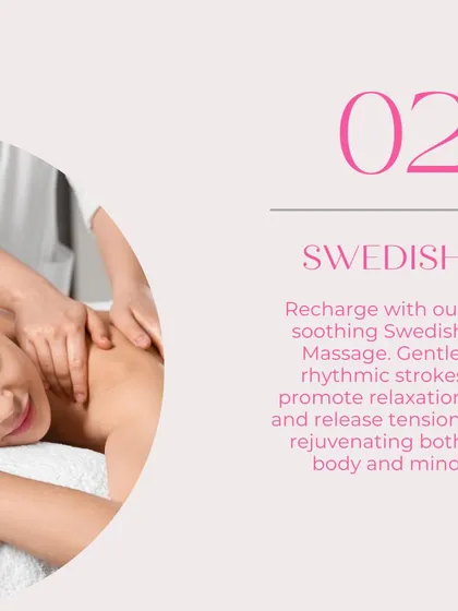Recharge with our soothing Swedish Massage. Its gentle, rhythmic strokes are designed to promote total relaxation and release tension, rejuvenating both your body and mind.
