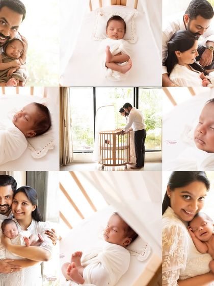 A beautiful collection of moments from a cozy lifestyle newborn session. This shows the variety we can capture, from solo baby portraits to candid family interactions at home.