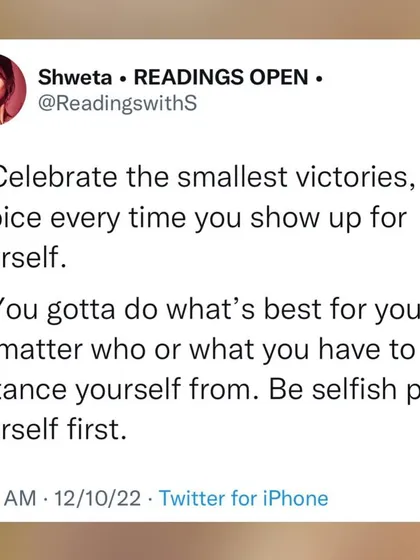 A screenshot of my tweet with life advice. Celebrate the smallest victories and be selfish enough to put yourself first, no matter who you have to distance yourself from.