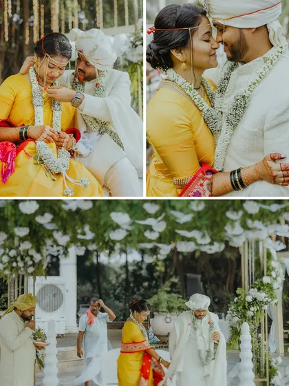 A collage of tender moments from a Maharashtrian wedding, including the varmala exchange and candid interactions between the couple.