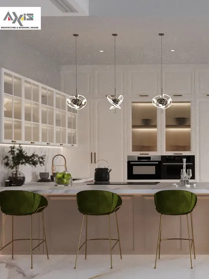 The kitchen is the heart of the home, and we design it as such. This visualization highlights a modern kitchen where functionality meets elegance, featuring sleek white cabinetry, a marble-topped island with plush green bar stools, and sophisticated pendant lighting. We focus on getting the materials and lighting just right to create an inviting atmosphere.