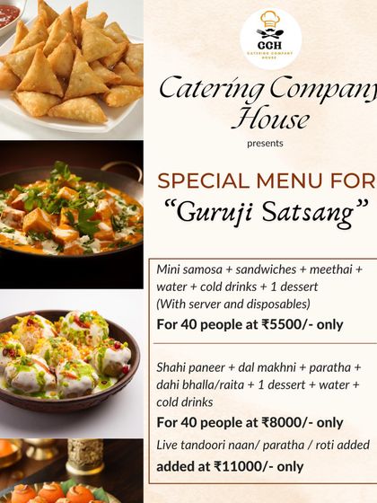 We offer a special menu for Guruji satsangs, with packages designed for 40 people. Options include everything from mini samosas and sandwiches to a full meal with Shahi Paneer and Dal Makhni.