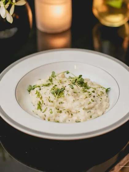 Our refined take on mac and cheese, presented elegantly in a bowl with fresh herbs. We reimagine comfort food classics with a gourmet touch, making them suitable for the most sophisticated celebrations.