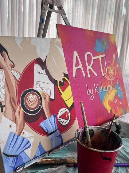 A work in progress on my easel. This piece captures a stylish, relaxed vibe, perfect for a coffee-themed painting workshop.