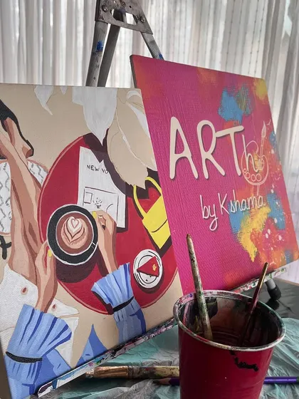 A close up of the coffee themed painting for a workshop. The pre sketched canvas makes it easy for anyone to create a beautiful piece.