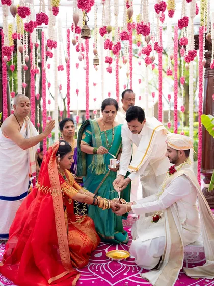 The sacred moments of a wedding ceremony deserve a setting that honors tradition. Here, the couple performs their rituals under the mandap, surrounded by family and the divine ambiance of our decor.