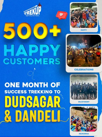 Celebrating 500+ happy customers in just one month of our Dudhsagar and Dandeli treks! This graphic shows the success and popularity of our all-inclusive packages.
