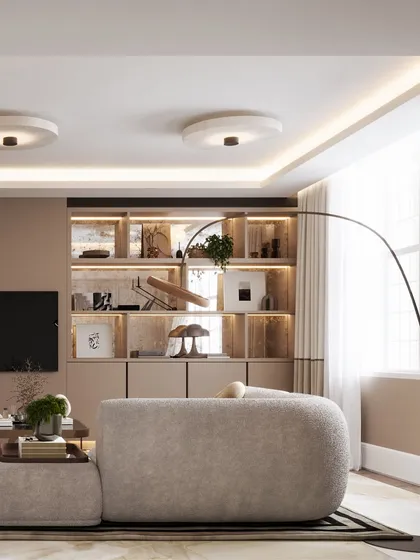 Another view of the London lounge, this time showing the elegant arc of a floor lamp over the sofa. The lighting simulation creates a perfect reading nook atmosphere.