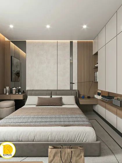 A full view of the bedroom, showcasing the integrated furniture and the cohesive design.