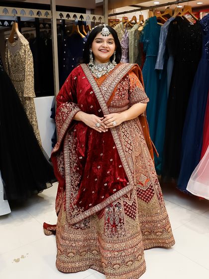 A full view of one of my most opulent bridal lehengas. The combination of velvet, detailed embroidery, and a perfect fit makes it a true showstopper.