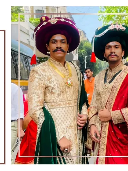 A powerful look for two. These clients are channeling the regal spirit of Bajirao Mastani in our exquisite Peshwai sherwanis, perfect for a themed wedding or event.