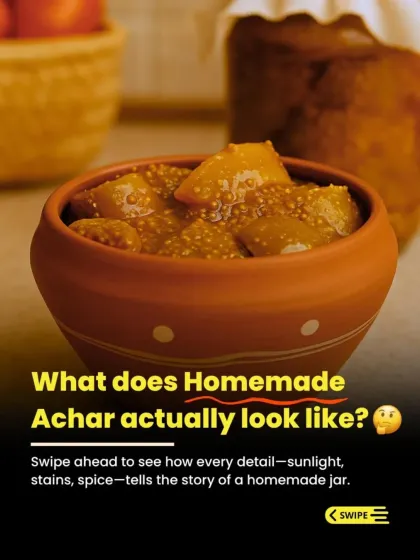 What does homemade achar look like? It looks like this: a bowl of mango pickle, rich in colour and texture, made with intent and care, not by machines.