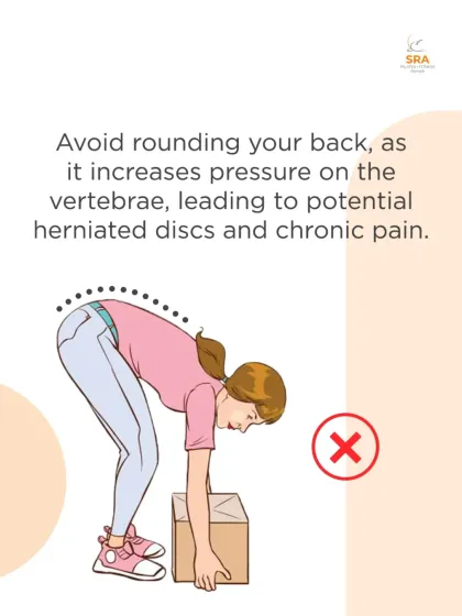 This graphic shows poor lifting posture. Rounding your back increases pressure on the vertebrae, which can lead to herniated discs and chronic pain.
