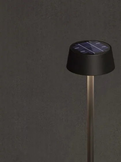 This is a detail shot of the head of our solar lamp post. The high-efficiency solar panel is seamlessly integrated into the top, ensuring it captures maximum sunlight during the day to power the light through the night.