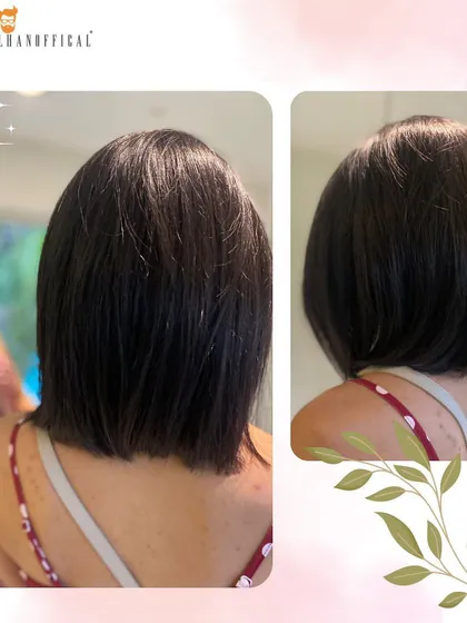 The back view of a summer-ready bob, showing the clean, sharp lines that make this cut a timeless choice.
