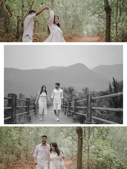 This collage captures the joy of movement and connection in nature. It features the couple dancing, walking, and embracing in a beautiful, wooded area.