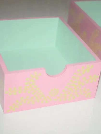 Organization can be beautiful. I painted this wooden desk organizer in soft pastel pink and mint, with delicate floral details to make your workspace a little more inspiring and a lot more tidy.