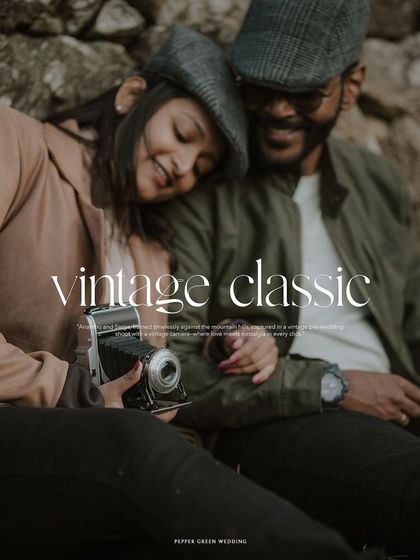 Titled 'Vintage Classic', this image captures a quiet, affectionate moment from a themed pre-wedding shoot, complete with a vintage camera.