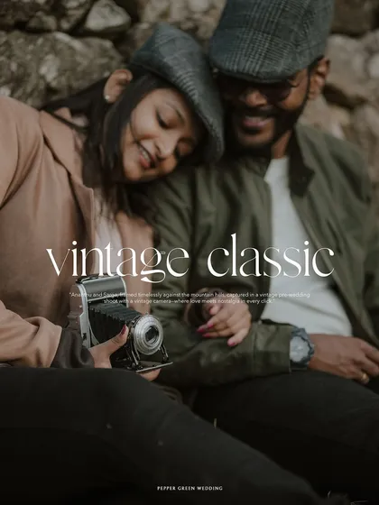 Titled 'Vintage Classic', this image captures a quiet, affectionate moment from a themed pre-wedding shoot, complete with a vintage camera.