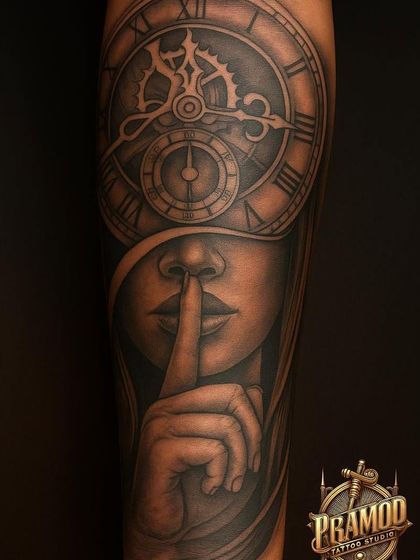 An advertisement featuring the 'Time and Silence' tattoo, highlighting our studio's ability to create complex, realistic, and meaningful custom pieces.