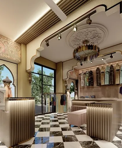 Another view from our 3D visualization for the boutique. You can see how we planned the lighting, including a central chandelier and track lights, to highlight the merchandise and create a luxurious feel.