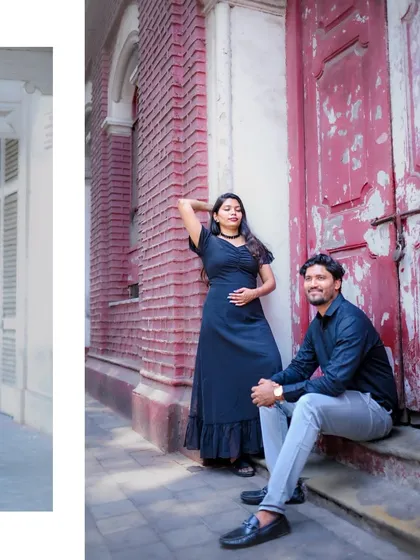 A stylish urban portrait of a couple posing against a rustic red door in one of Mumbai's old districts, showcasing a more edgy and fashionable pre-wedding style.