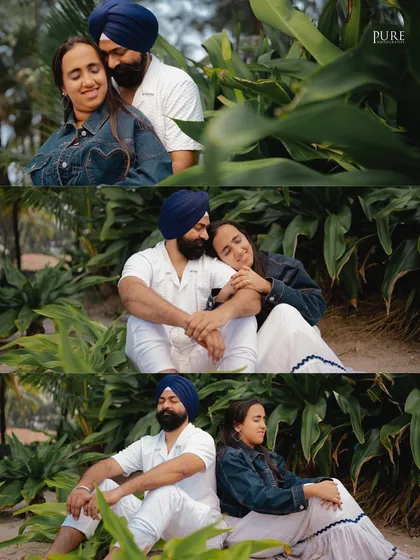 A collage showing different tender moments from Kulneet and Prabhleen's pre-wedding session in a lush, green setting. It showcases a variety of poses and emotions in one image.