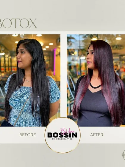 This before and after showcases the power of our Hair Botox smoothing treatment. We took frizzy, unmanageable hair and transformed it into a sleek, radiant style with a beautiful hint of color, proving that you can have both healthy and stylish hair.