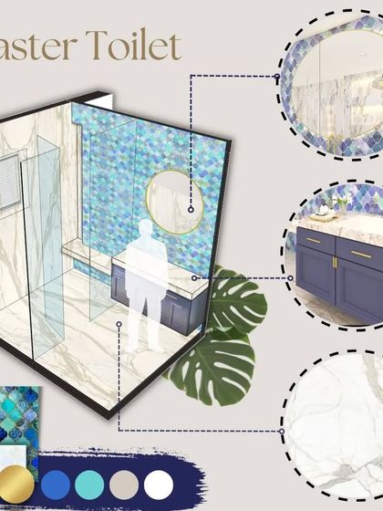 A design board for a master toilet, showing the material selection of Moroccan tiles and marble, alongside an isometric view and detail shots. This helps the client understand the look and feel before finalizing.