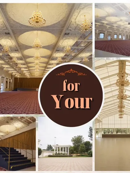 A collection of images displaying the versatile interiors of White Feather. From the grand hall with its numerous chandeliers to the spacious outdoor areas, this venue can be adapted for any large-scale corporate function or celebration.