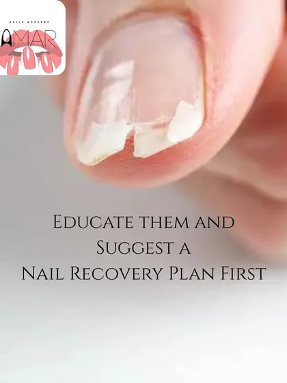 The best approach is always A: Educate the client about their nail health and suggest a recovery plan before applying new enhancements.