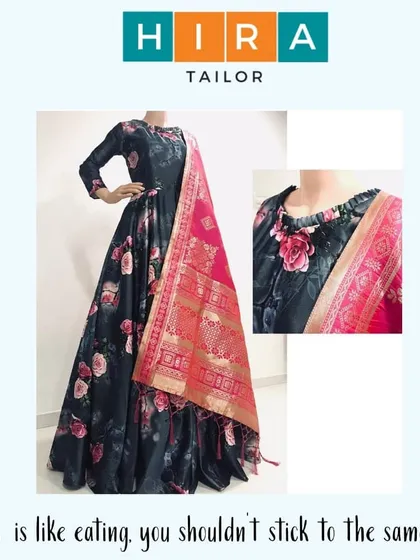 A floor-length floral Anarkali paired with a traditional silk border dupatta. I pay close attention to the neckline and fit to ensure the final garment is both stunning and comfortable for any special occasion.